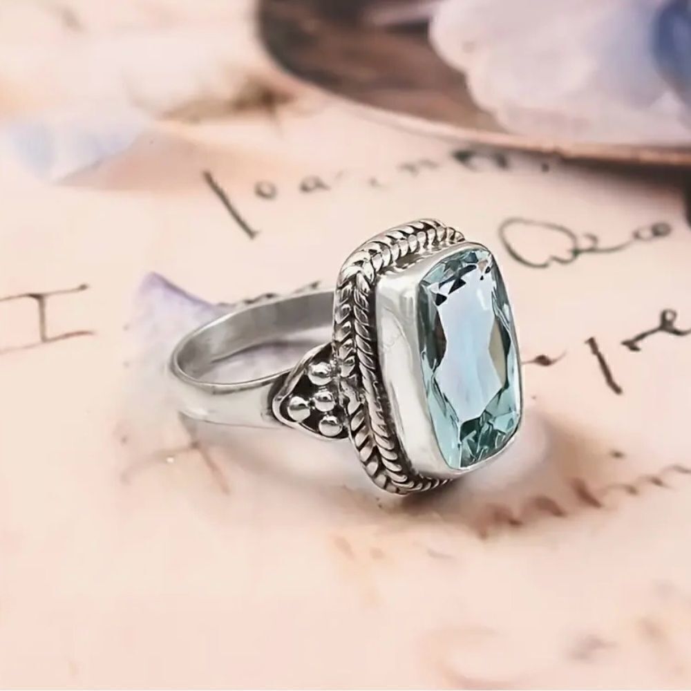 🩵 NEW CZ 4 carat stunning princess cut aqua blue Vintage ring 🩵